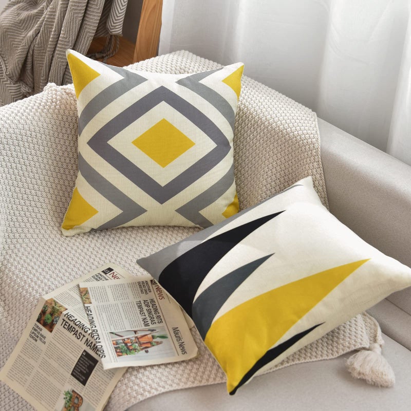 Tosewever Set of 4 Decorative Geometric Yellow Grey 18 x 18 Inches Throw Pillow Covers - Modern Pattern Linen Square Pillow Cushion Case for Sofa Couch Bed Home Decor Outdoor (18"" x 18""  Yellow/Gray) - Image 2